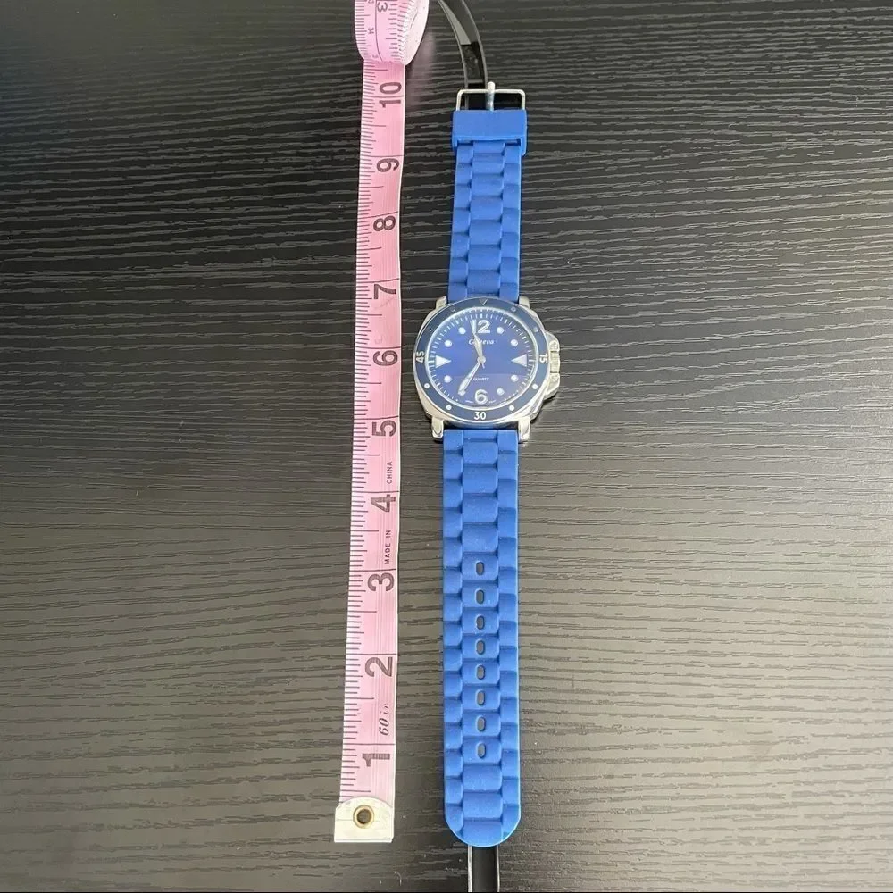 Geneva Rubber Band Silver & Blue Stainless Steel Back Watch